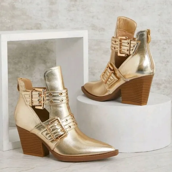 Women's Double-Buckle Grommets Cut-Out Snip Toe Block Heel Pu Lt.Gold Boots