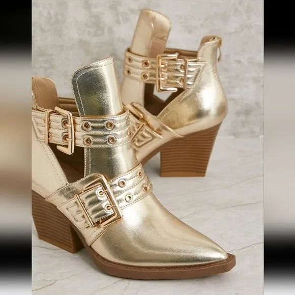 Women's Double-Buckle Grommets Cut-Out Snip Toe Block Heel Pu Lt.Gold Boots