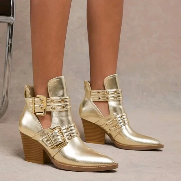 Women's Double-Buckle Grommets Cut-Out Snip Toe Block Heel Pu Lt.Gold Boots