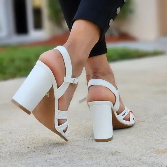 Women's Knotted  Block Heel Ankle Strap‎ Sandals White Color