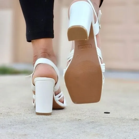 Women's Knotted  Block Heel Ankle Strap‎ Sandals White Color