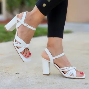 Women's Knotted  Block Heel Ankle Strap‎ Sandals White Color