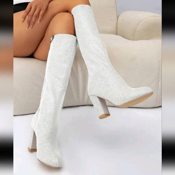Women's Pointed Toe Thick Heel White Pointed Toe Side Zipper Over The Knee Boots