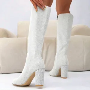 Women's Pointed Toe Thick Heel White Pointed Toe Side Zipper Over The Knee Boots