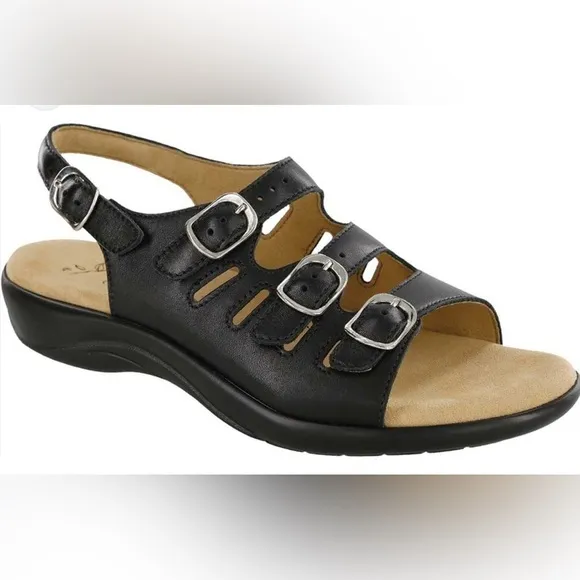 Women's SAS Leather Summer Mystic Adjustable Slingback Sandals Shoes Black 6M