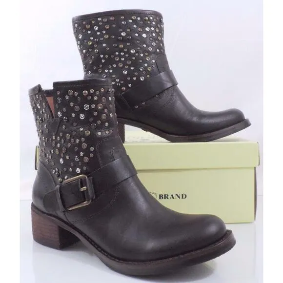 Women's Shoes Lucky Brand Hidee 2 Studded Ankle Boot Dark Brown Leather Size 6.5
