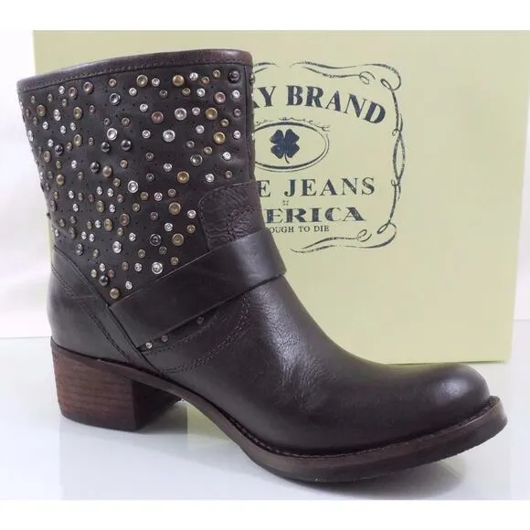 Women's Shoes Lucky Brand Hidee 2 Studded Ankle Boot Dark Brown Leather Size 6.5
