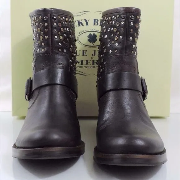 Women's Shoes Lucky Brand Hidee 2 Studded Ankle Boot Dark Brown Leather Size 6.5