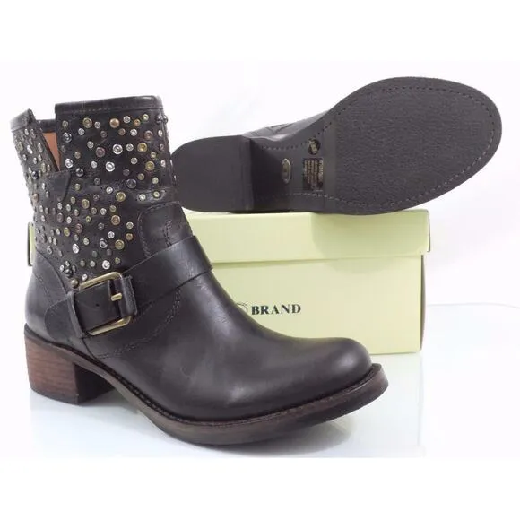 Women's Shoes Lucky Brand Hidee 2 Studded Ankle Boot Dark Brown Leather Size 6.5