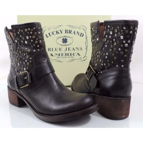 Women's Shoes Lucky Brand Hidee 2 Studded Ankle Boot Dark Brown Leather Size 6.5