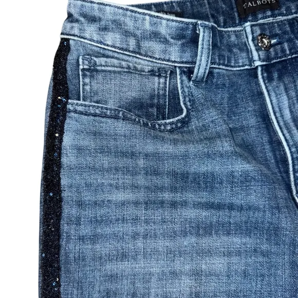 Women's Talbots Sequin Striped Jeans Size 6P Blue High Waist Straight Ankle
