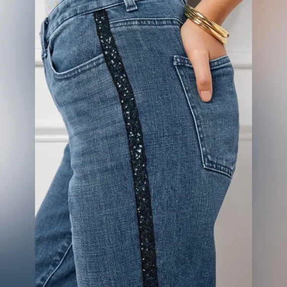 Women's Talbots Sequin Striped Jeans Size 6P Blue High Waist Straight Ankle