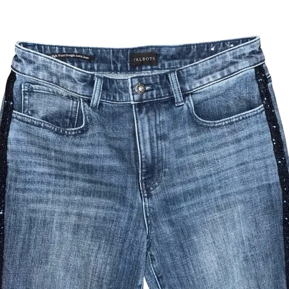 Women's Talbots Sequin Striped Jeans Size 6P Blue High Waist Straight Ankle