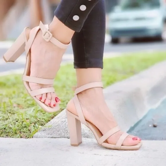 Womens Triple Straps Chunky Heels‎ Sandals Nude Color