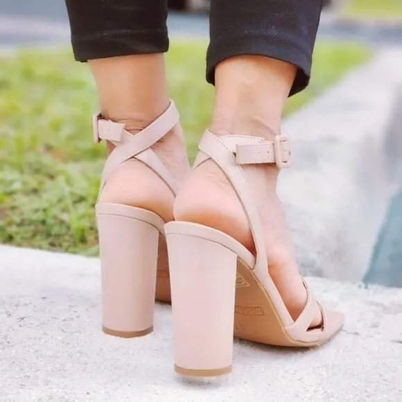 Womens Triple Straps Chunky Heels‎ Sandals Nude Color
