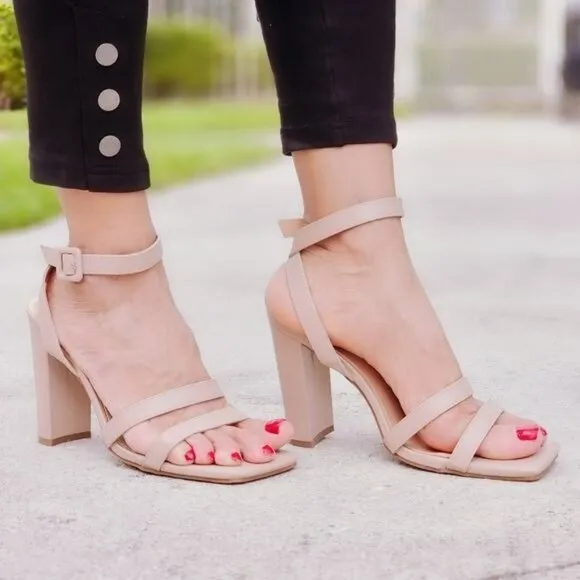 Womens Triple Straps Chunky Heels‎ Sandals Nude Color