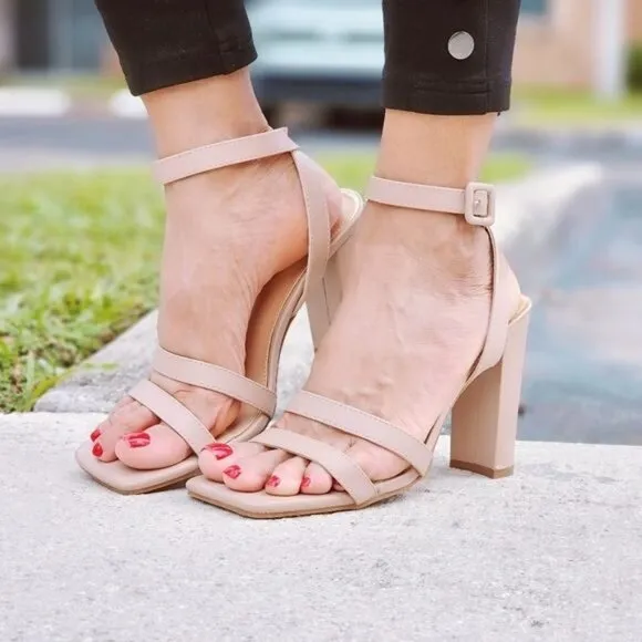 Womens Triple Straps Chunky Heels‎ Sandals Nude Color