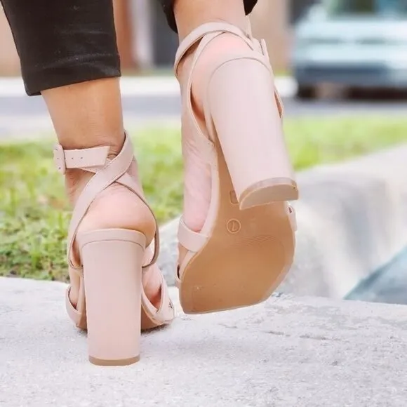 Womens Triple Straps Chunky Heels‎ Sandals Nude Color