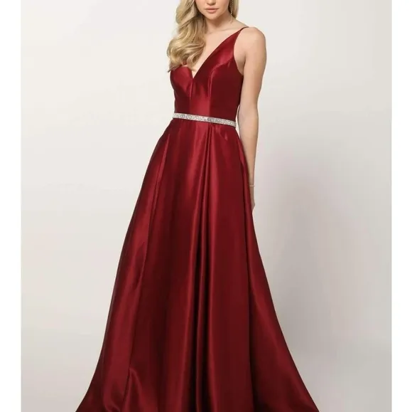 Yellow, blue, pink, burgundy a line satin gown floor length