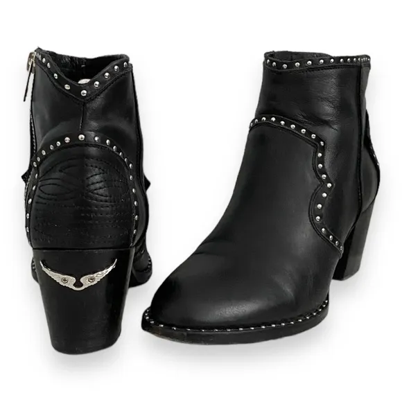Zadig &amp; Voltaire Women's Black Leather Molly Studded Ankle Boots Size 37 US 7