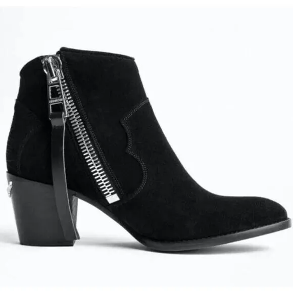 Zadig Voltaire Sz 39 Women's Molly Black Suede Stacked Heel Ankle Booties $528