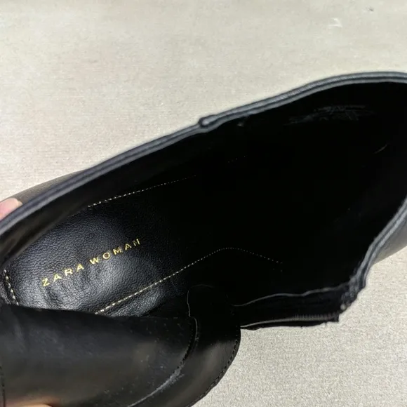 Zara black leather ankle boots round heel unique 8