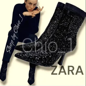 ZARA BLACK SEQUIN FABRIC ANKLE BOOTS  bloggers favorite
