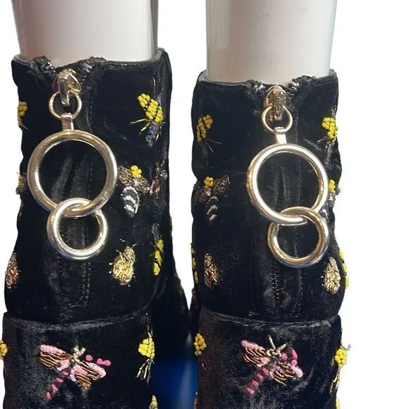 Zara Black Velvet Beaded Bug Boots Embellished Insect Ankle Booties