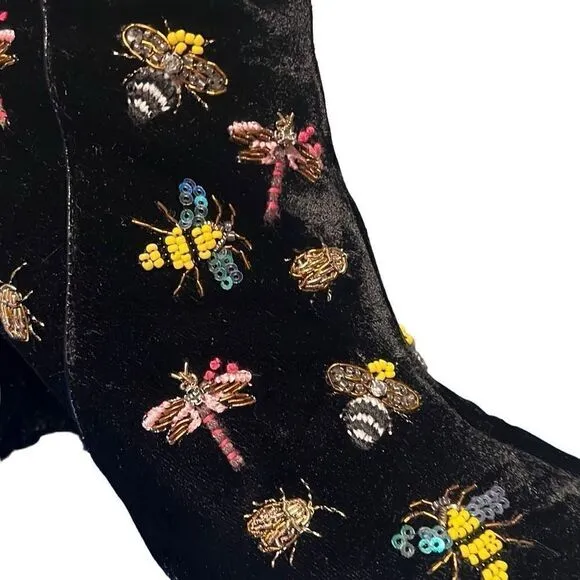 Zara Black Velvet Beaded Bug Boots Embellished Insect Ankle Booties