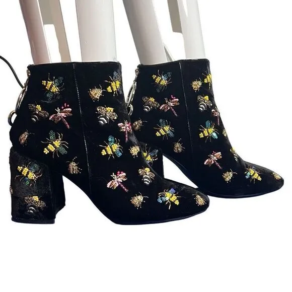 Zara Black Velvet Beaded Bug Boots Embellished Insect Ankle Booties