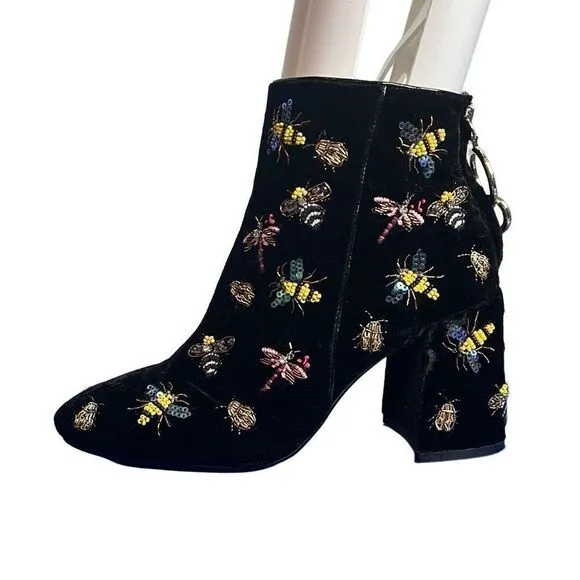 Zara Black Velvet Beaded Bug Boots Embellished Insect Ankle Booties