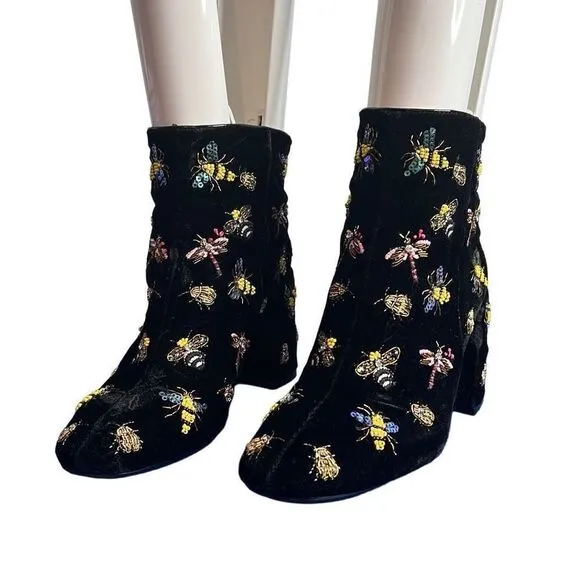 Zara Black Velvet Beaded Bug Boots Embellished Insect Ankle Booties