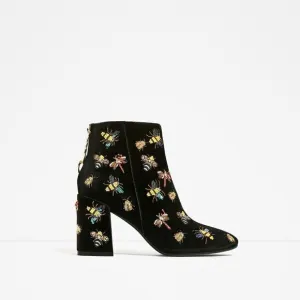 Zara Black Velvet Beaded Bug Boots Embellished Insect Ankle Booties