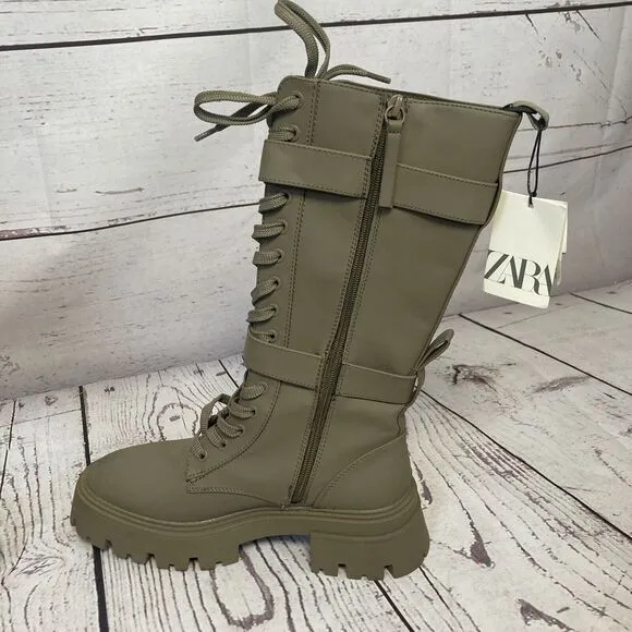 Zara Boots Womens 7 Military Green Waxed Finish Laced Boots Green Olive 2050/810