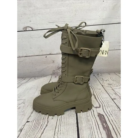Zara Boots Womens 7 Military Green Waxed Finish Laced Boots Green Olive 2050/810