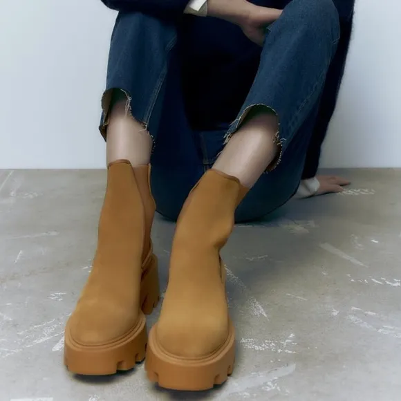 Zara Brown Split Leather Lug Soled Ankle Boots
