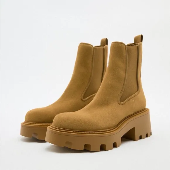 Zara Brown Split Leather Lug Soled Ankle Boots