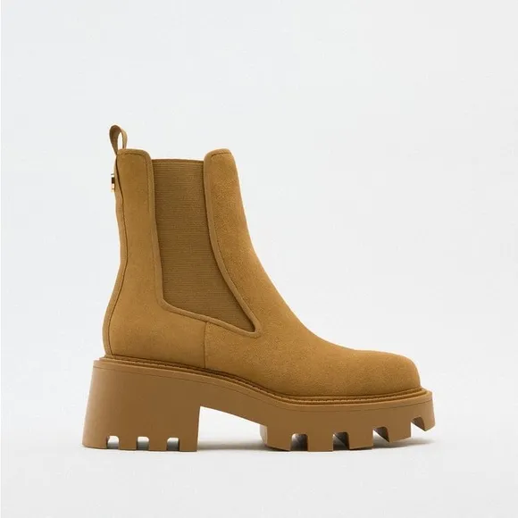 Zara Brown Split Leather Lug Soled Ankle Boots