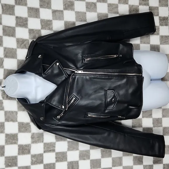 Zara faux leather motorcycle jacket women's Large black