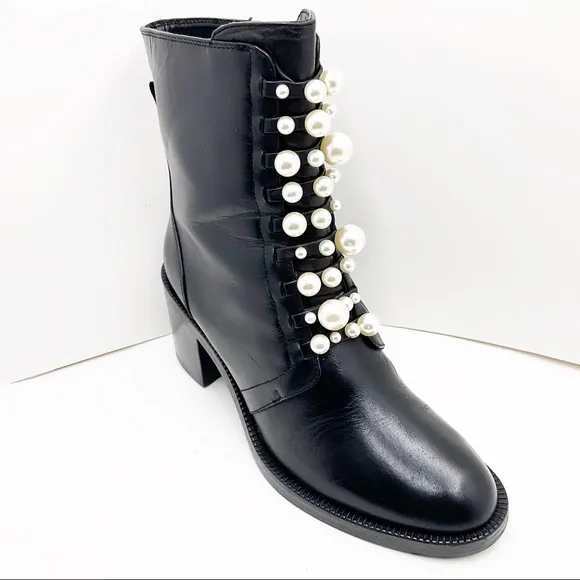 {Zara} Leather &amp; Pearl Moto Ankle Boots