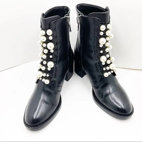 {Zara} Leather &amp; Pearl Moto Ankle Boots