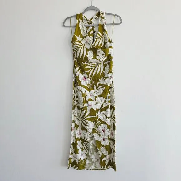 Zara Olive Green Tropical Floral Print Boho Halter Wrap Midi Dress Size Small
