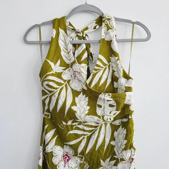 Zara Olive Green Tropical Floral Print Boho Halter Wrap Midi Dress Size Small