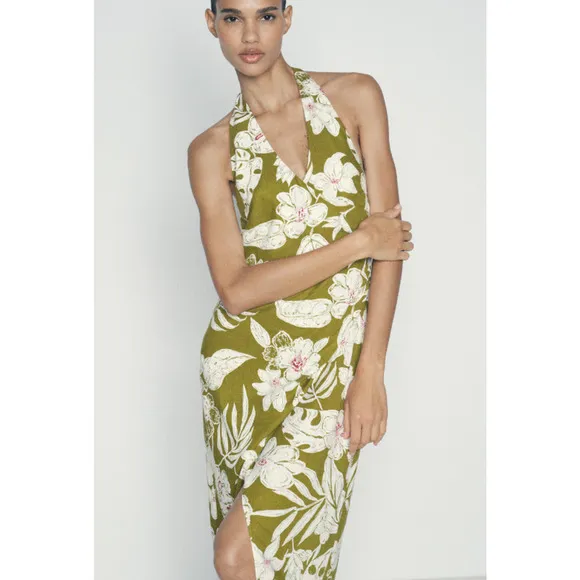 Zara Olive Green Tropical Floral Print Boho Halter Wrap Midi Dress Size Small