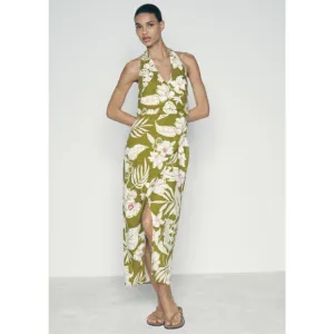 Zara Olive Green Tropical Floral Print Boho Halter Wrap Midi Dress Size Small