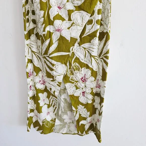 Zara Olive Green Tropical Floral Print Boho Halter Wrap Midi Dress Size Small