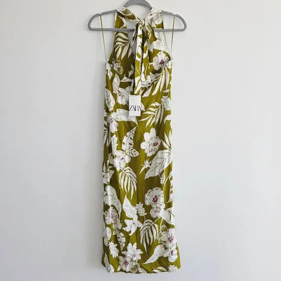 Zara Olive Green Tropical Floral Print Boho Halter Wrap Midi Dress Size Small