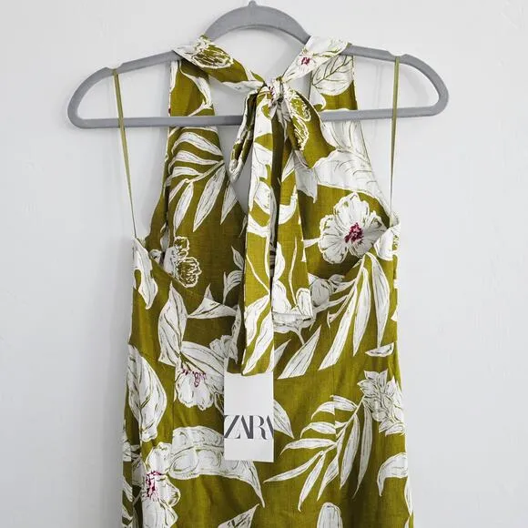 Zara Olive Green Tropical Floral Print Boho Halter Wrap Midi Dress Size Small
