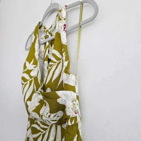 Zara Olive Green Tropical Floral Print Boho Halter Wrap Midi Dress Size Small