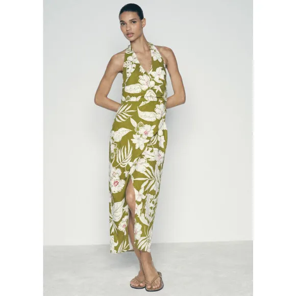 Zara Olive Green Tropical Floral Print Boho Halter Wrap Midi Dress Size Small